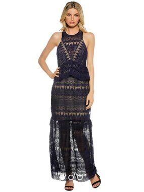 Self portrait navy maxi long teardrop lace dress SZ6 bust30